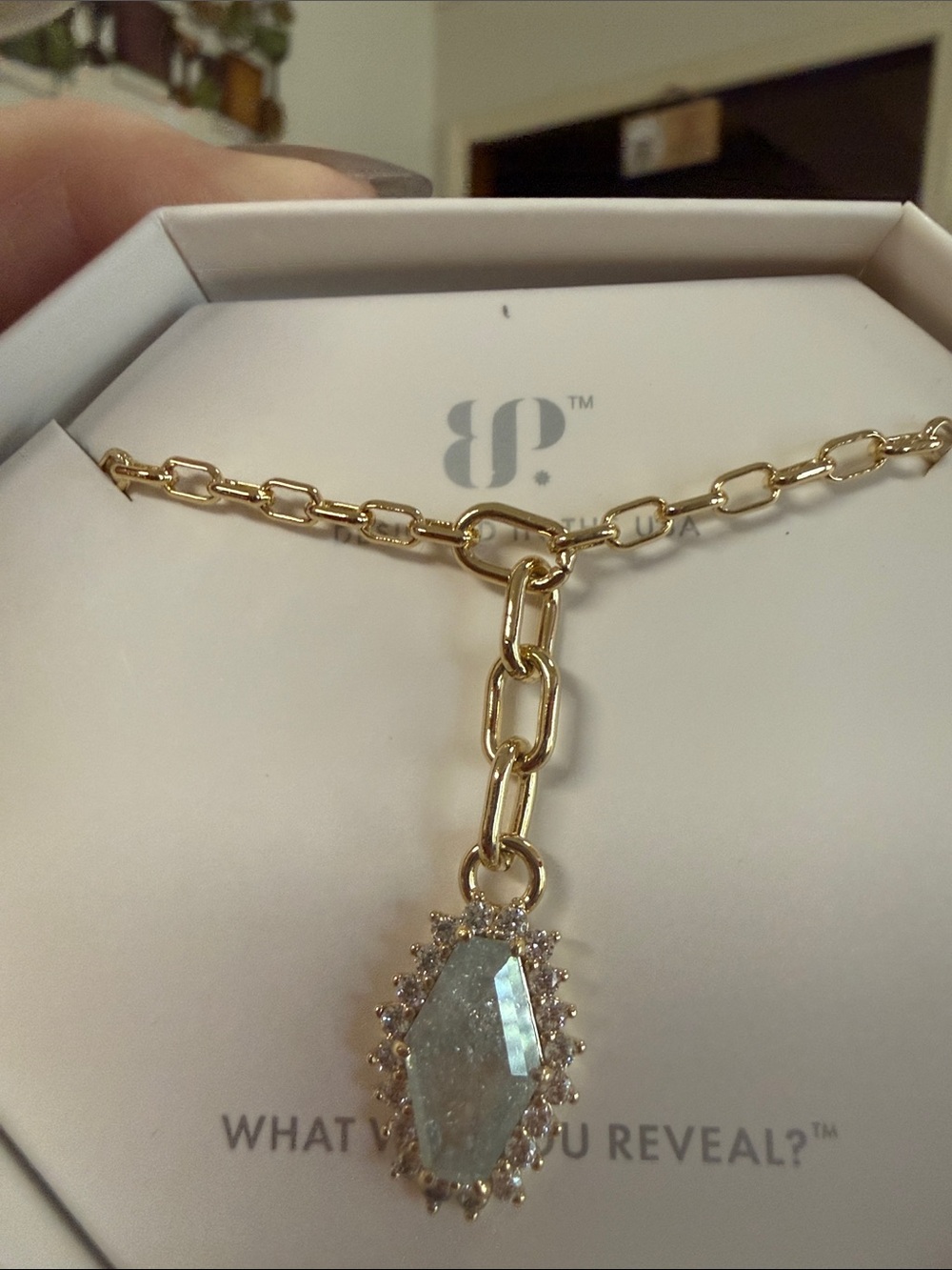 Gold Link Necklace with Marquise Pendant in Neutral Crystal